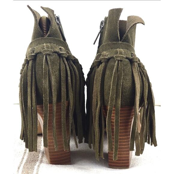 Marc Fisher Suede Fringe Open Toe Booties Women’s 9.5M Army Green Block Heel - Picture 6 of 14
